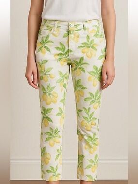 Talbots Lemon Print Cropped Pants Capri Summer Citrus Sz 14